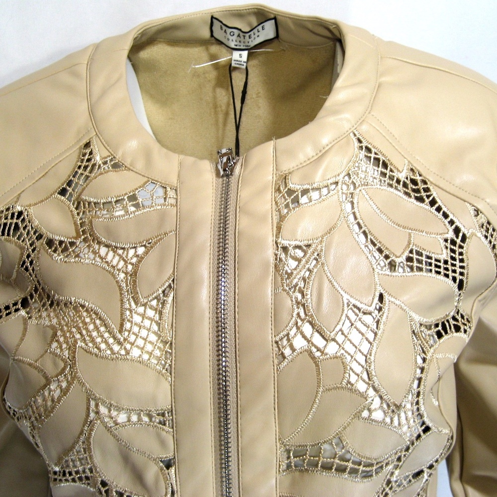 BAGATELLE COLLECTION BEIGE SOFT FAUX LEATHER COMFORT SPRING EMBROIDERY JACKET - Picture 2 of 6